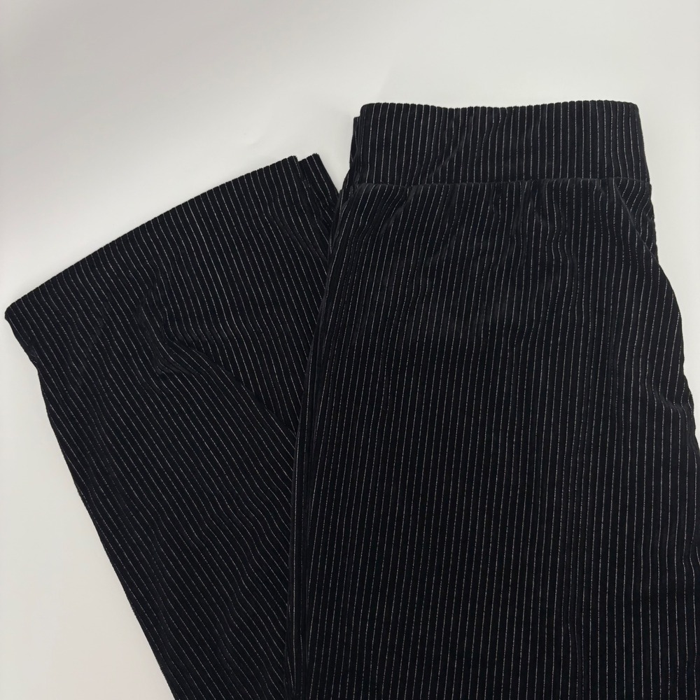 Anne Klein Women Black Velvet Burnout Metallic Striped Wide Leg‎ Pull On Pants L